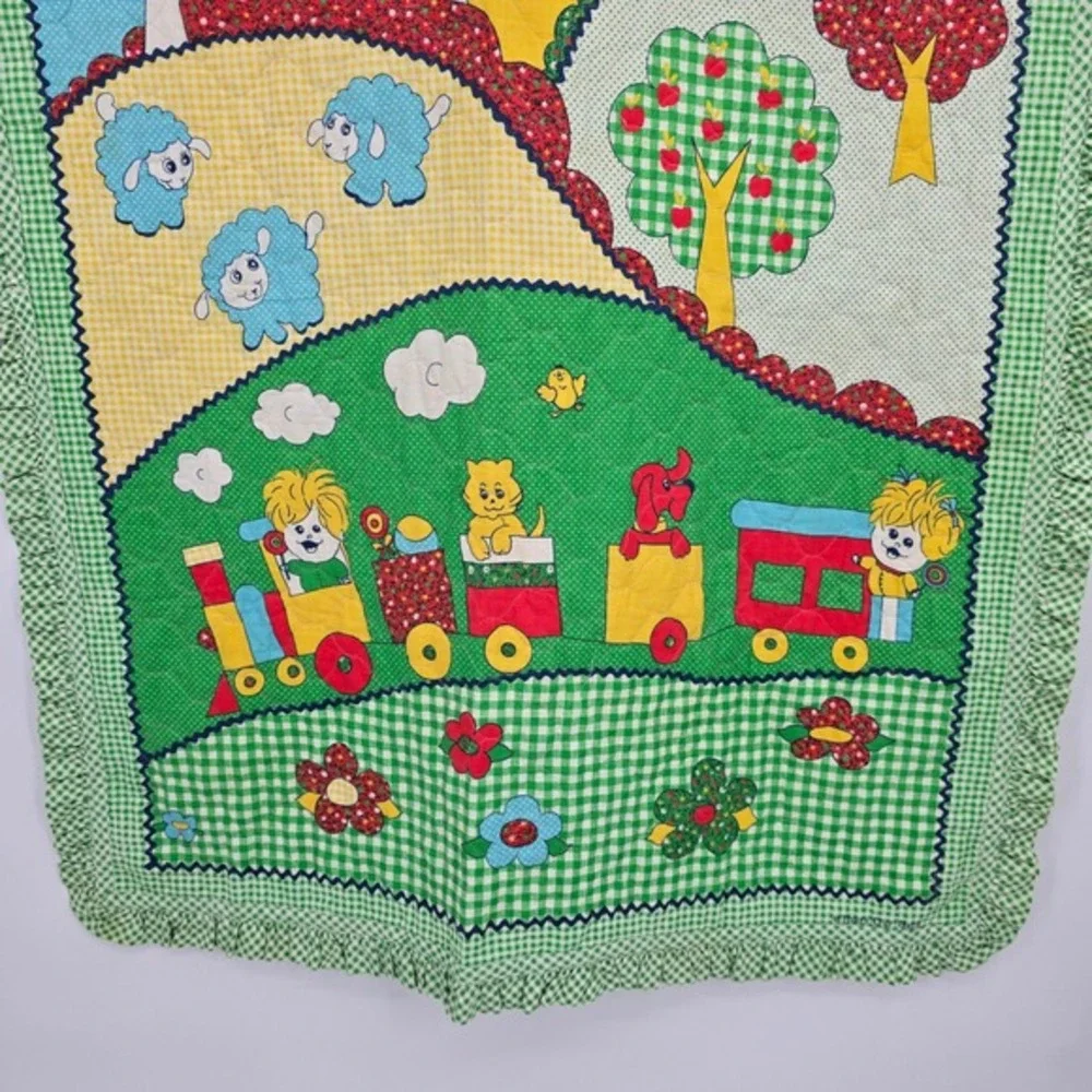 Vintage Thats Our Baby Quilted Nursery Blanket‎ Green Gingham Ruffle Train Sheep